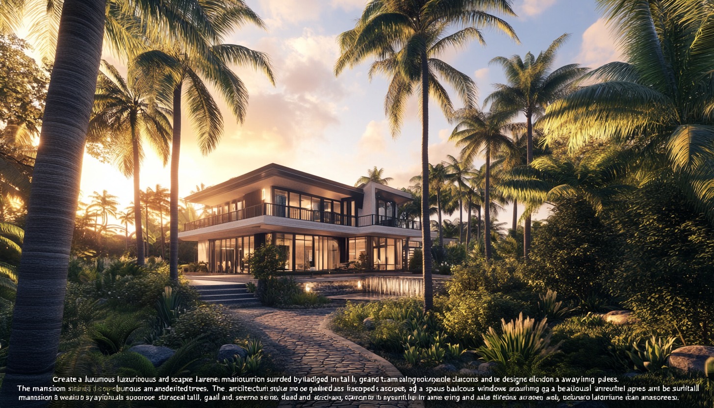 Luxurious Mansion with Palm Trees on Hill at Sunset