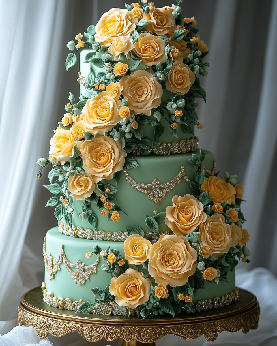 Luxurious Multi-Tiered Green and Gold Arabic Cake