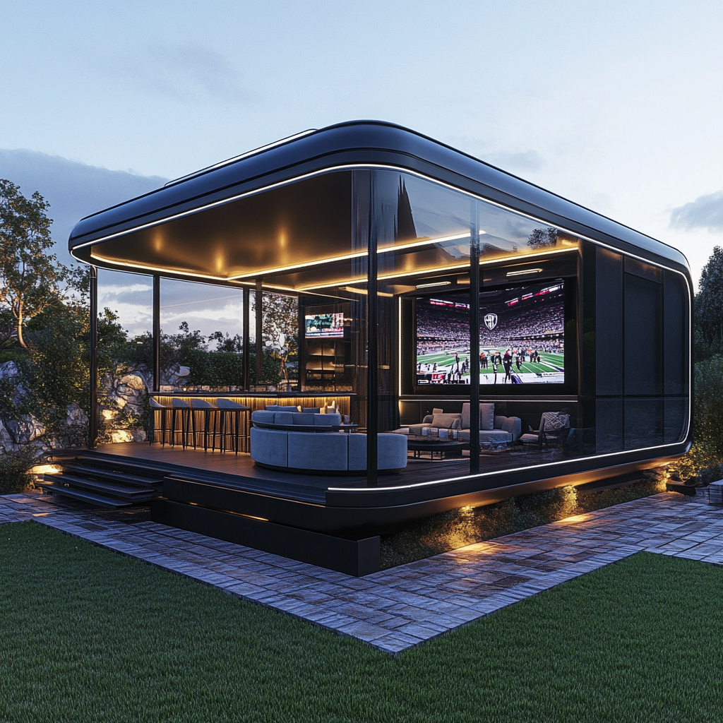 Luxurious Raiders-themed camper pods with sports-themed man cave.