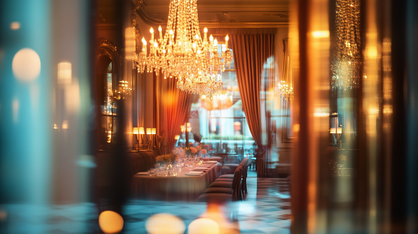 Luxurious Restaurant Interior with Velvet Curtains and Chandeliers.