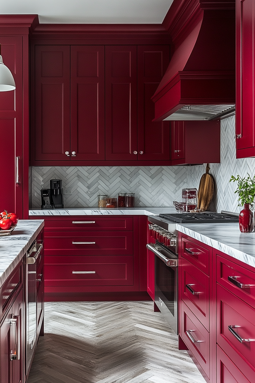 Luxurious Ruby Red Kitchen with Marble and Chrome