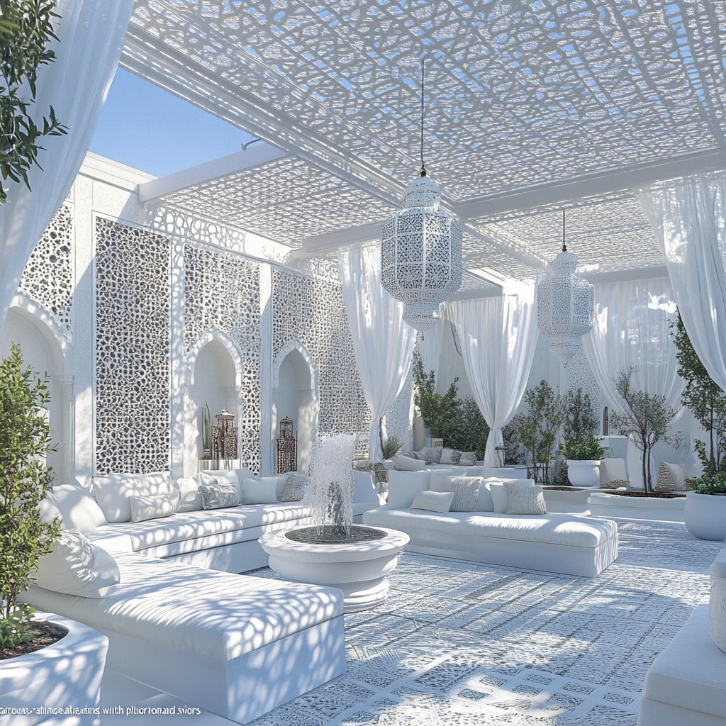 Luxurious all-white Moroccan-style roof garden with intricate patterns