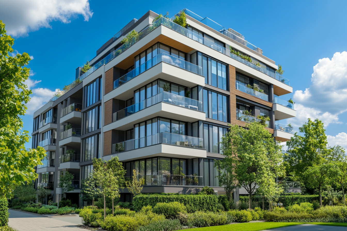 Luxurious apartment building with glass windows and garden