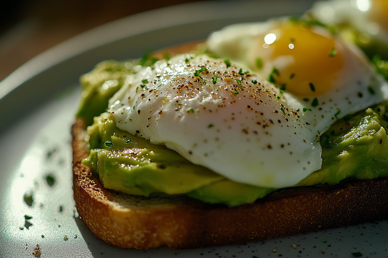 Luxurious avocado toast with poached egg, dramatic lighting