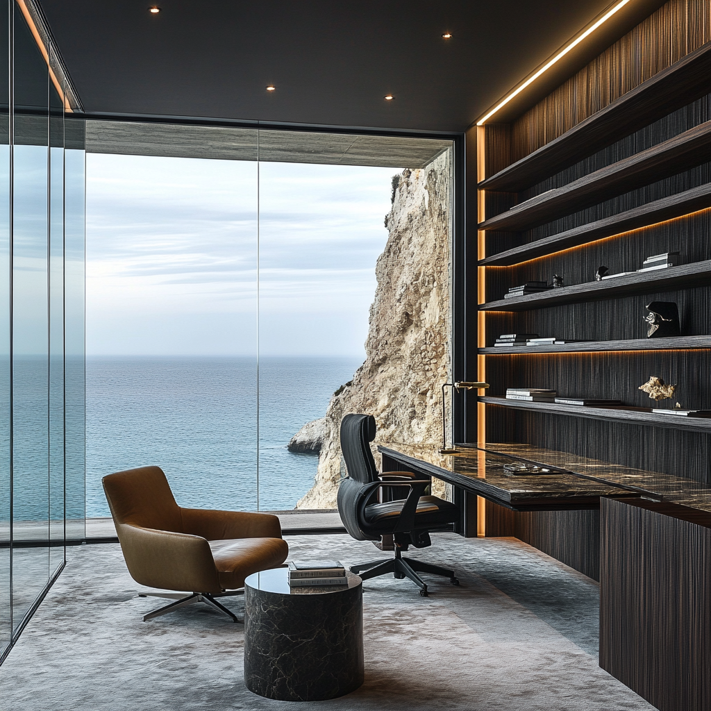 Luxurious cliffside office with ocean view and modern design