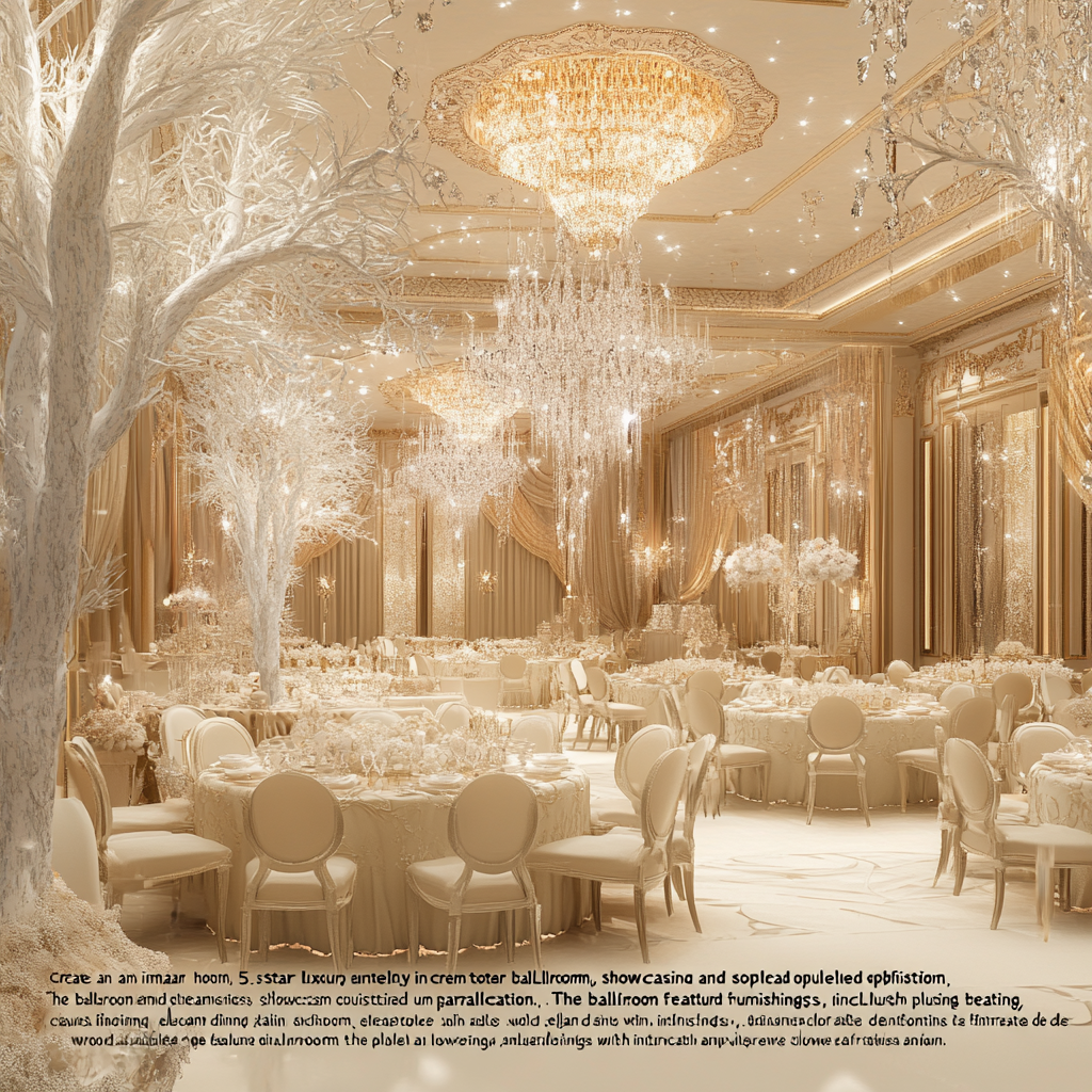 Luxurious cream-toned 5-star hotel ballroom with opulent furnishings.