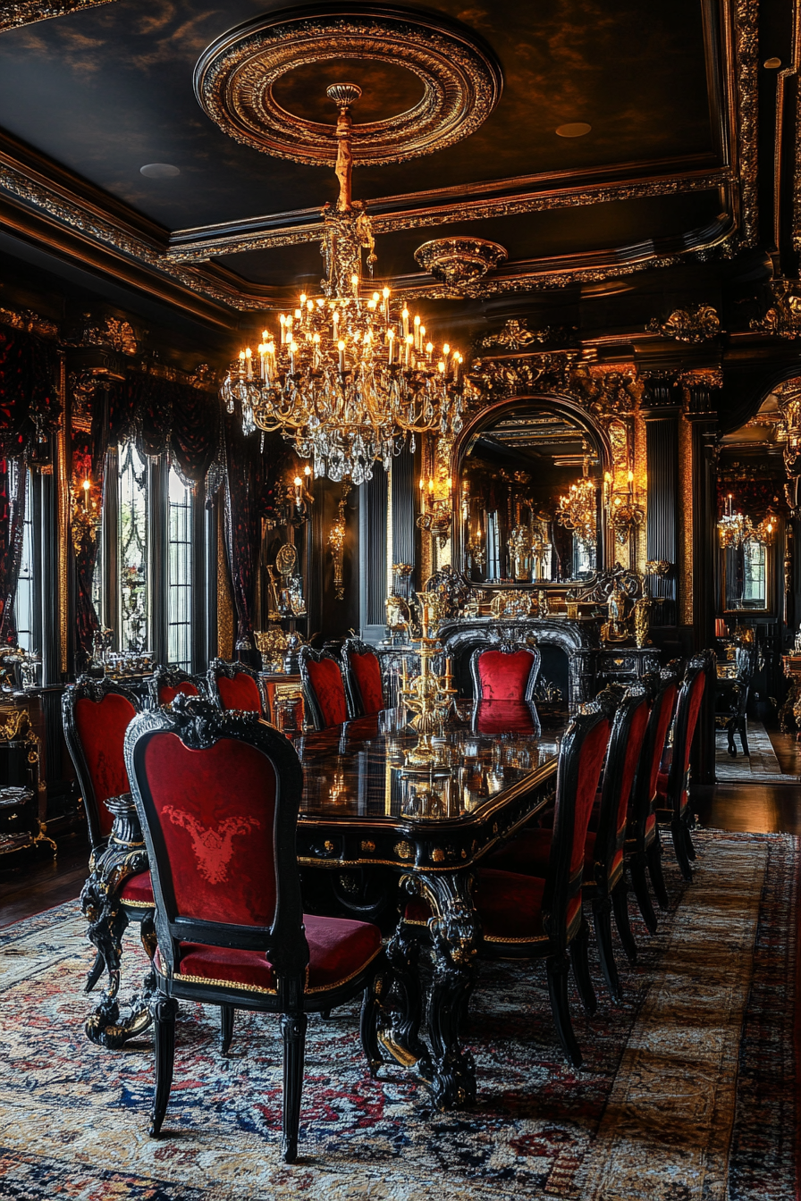 Luxurious dining area with Mediterranean opulence. Sumptuous lighting.