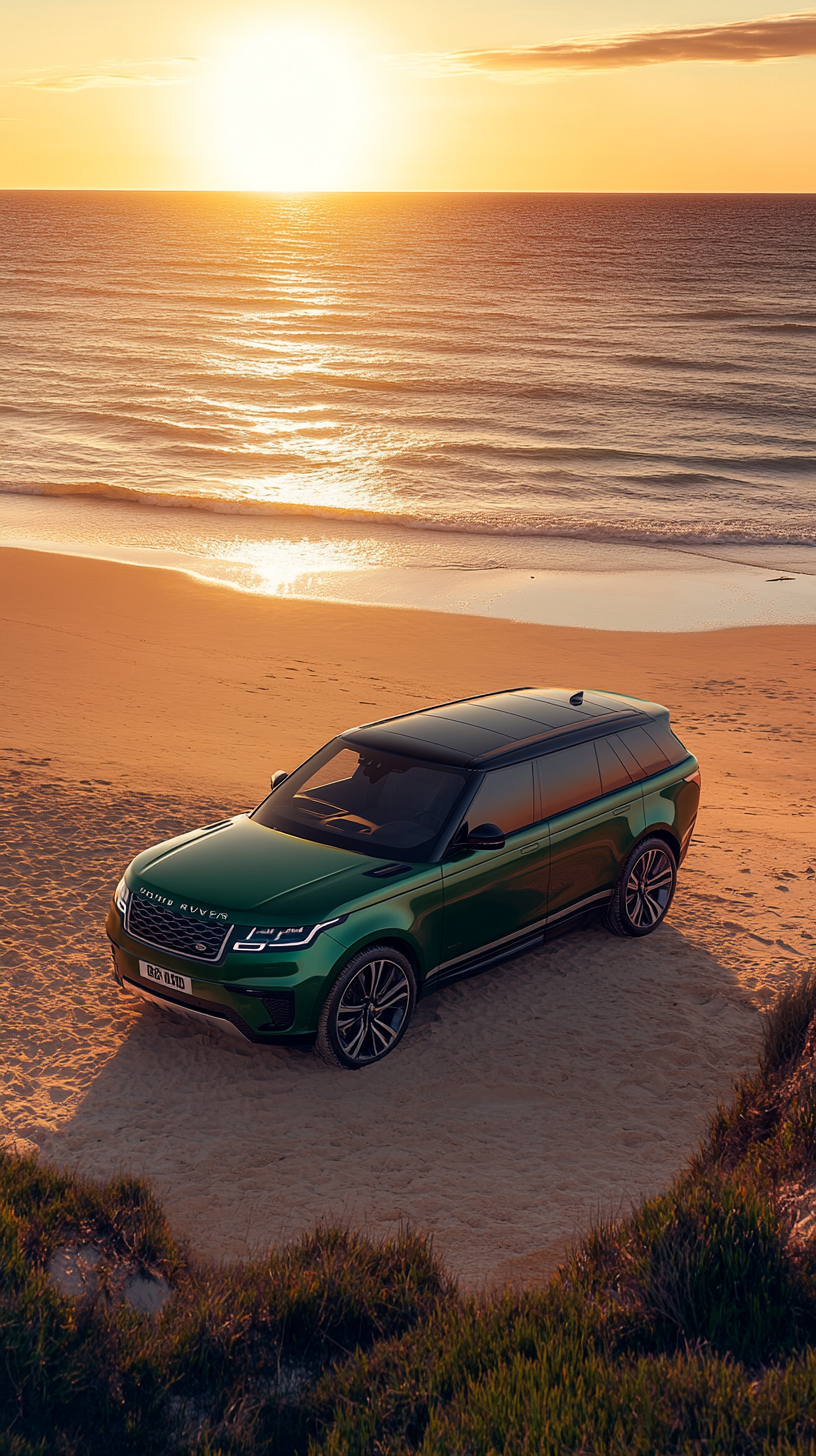 Luxurious emerald green SUV parked on beach.