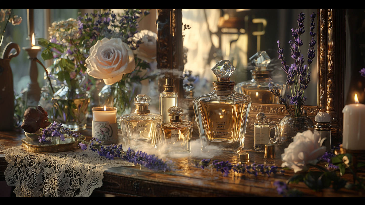 Luxurious fragrance scene with elegant vintage perfume bottles.