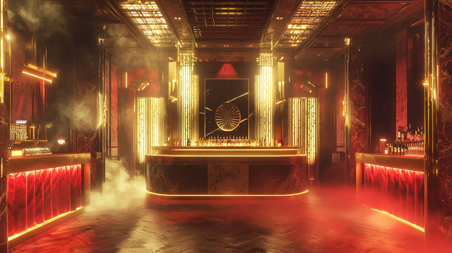 Luxurious futuristic nightclub with elegant Art Deco decor.