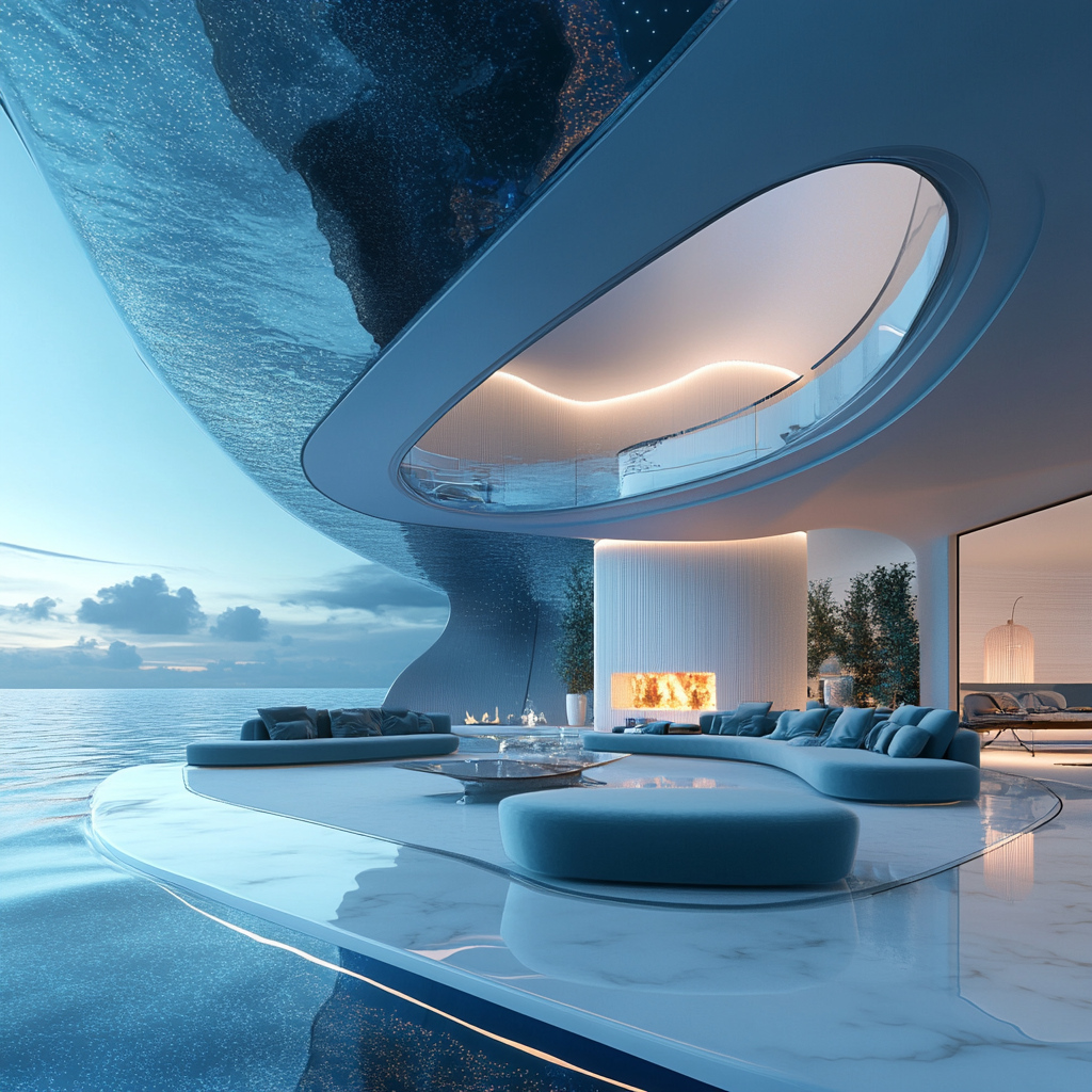 Luxurious futuristic underwater living room with marine-inspired art