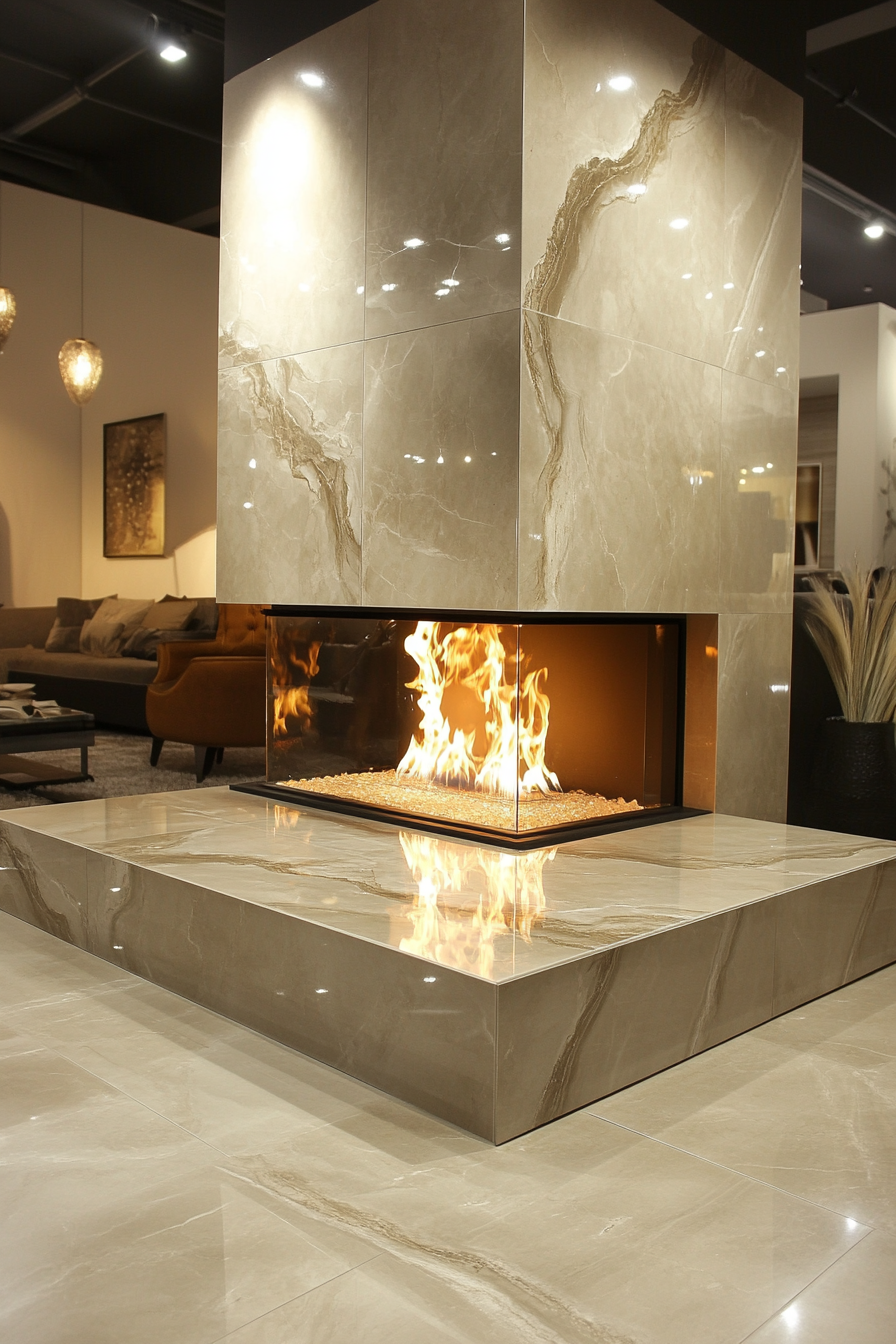 Luxurious granite fireplace in elegant living room.