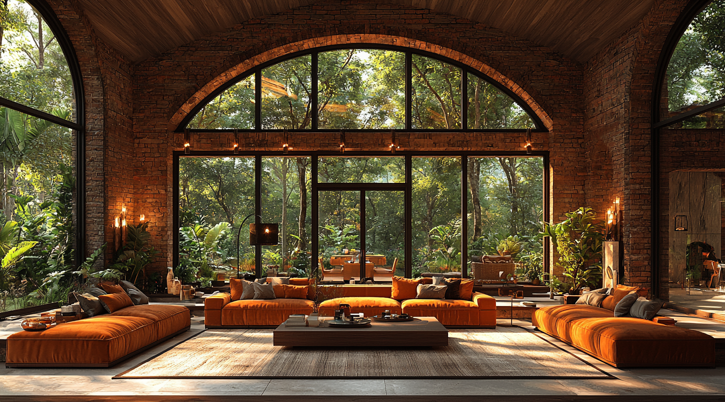 Luxurious house with arched window, overlooking forest.