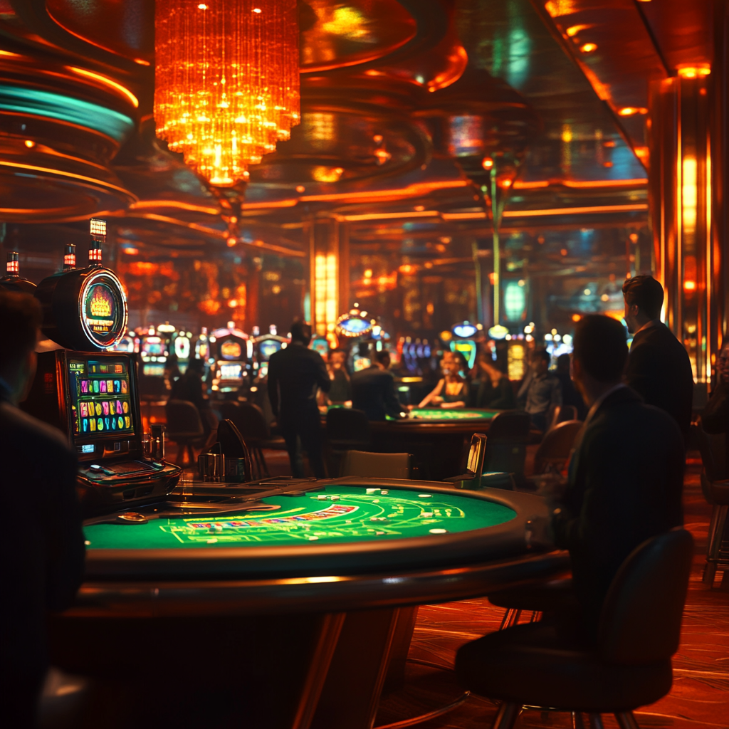 Luxurious hyper-realistic casino scene with bright lights, slot machines, and poker tables.