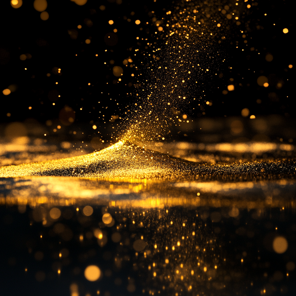 Luxurious image with gold dust on reflective surface.