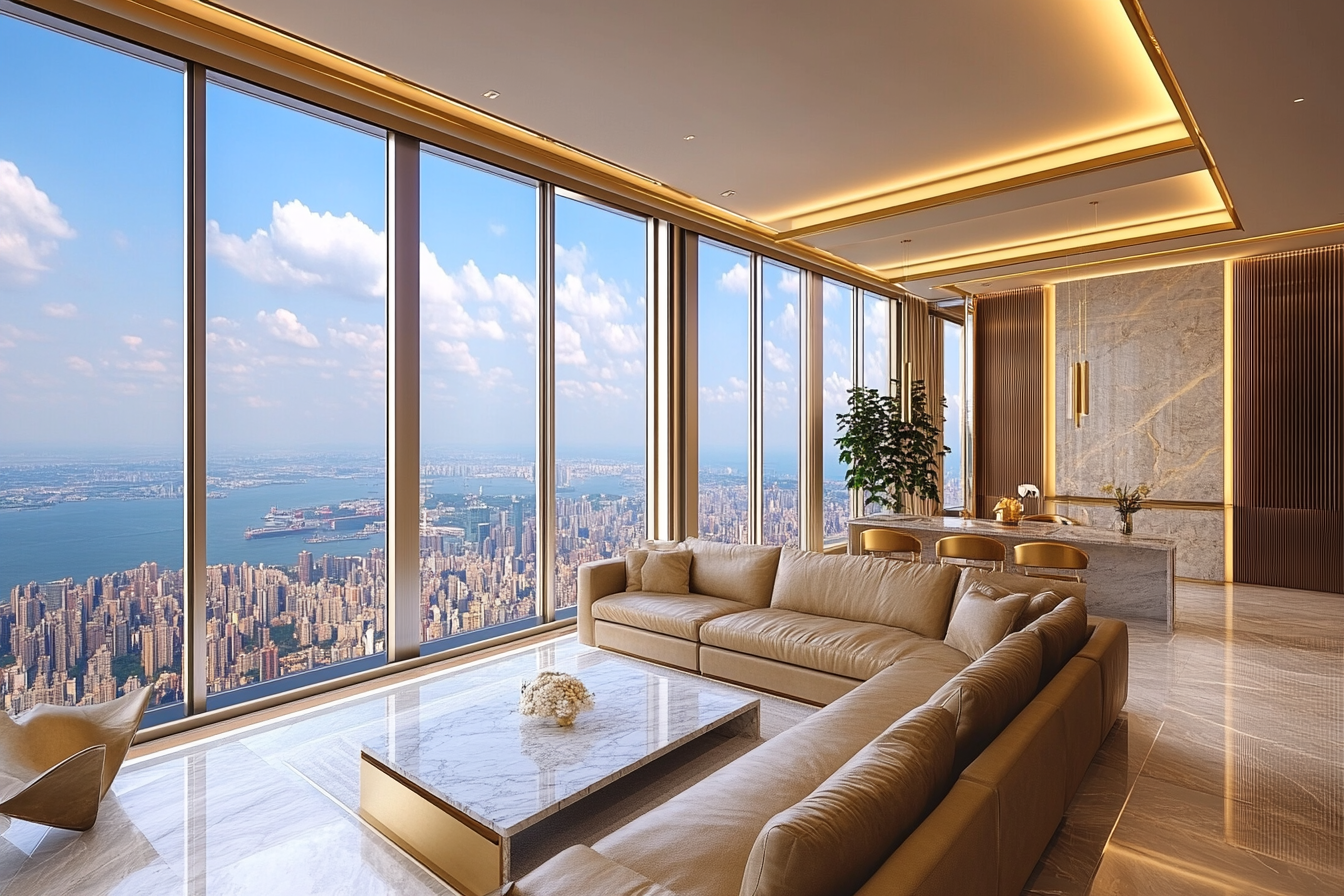 Luxurious living room with modern furniture and view