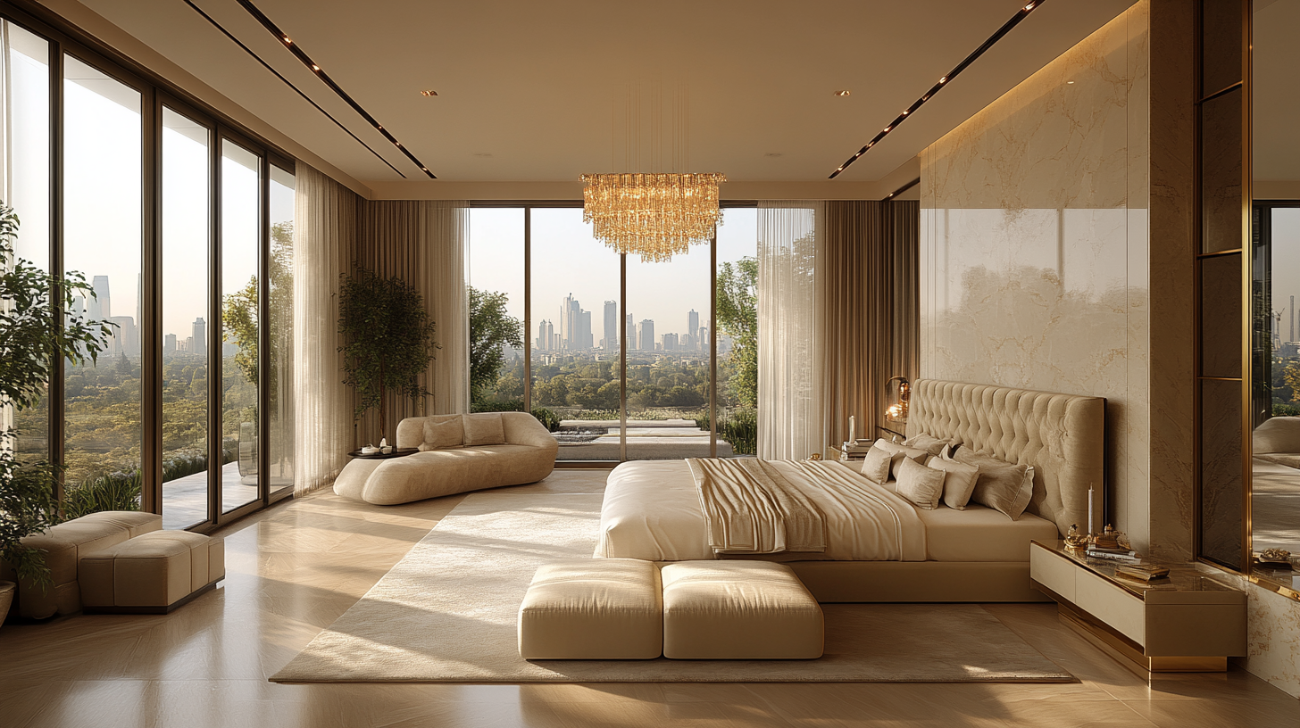 Luxurious modern bedroom with elegant chandelier and marble fireplace.