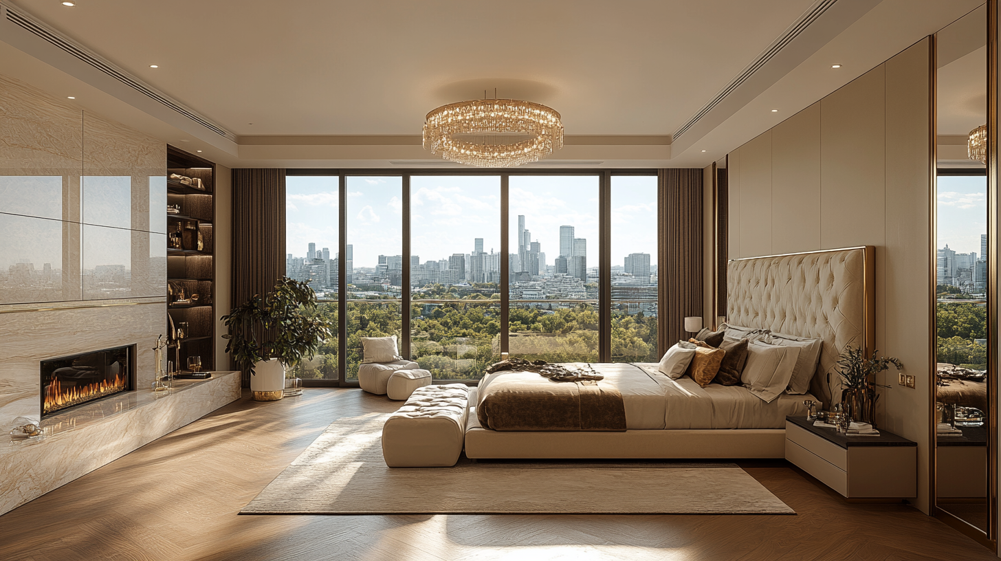 Luxurious modern bedroom with king-sized bed and elegant lighting.