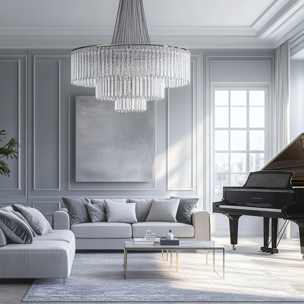 Luxurious modern interior design with piano and sofa