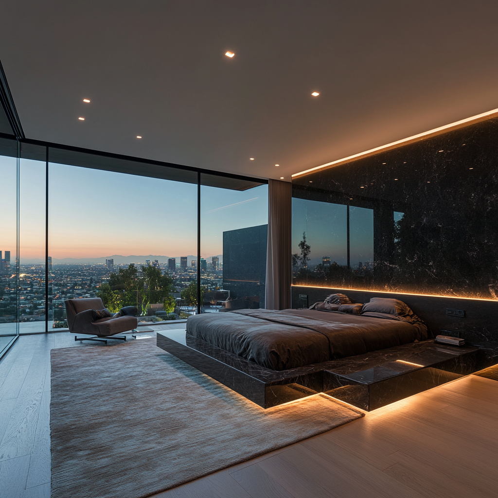 Luxurious modern master bedroom with stunning city view