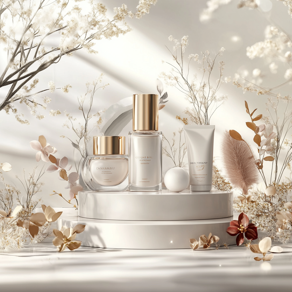 Luxurious organic cosmetics advertisement with natural ingredients.