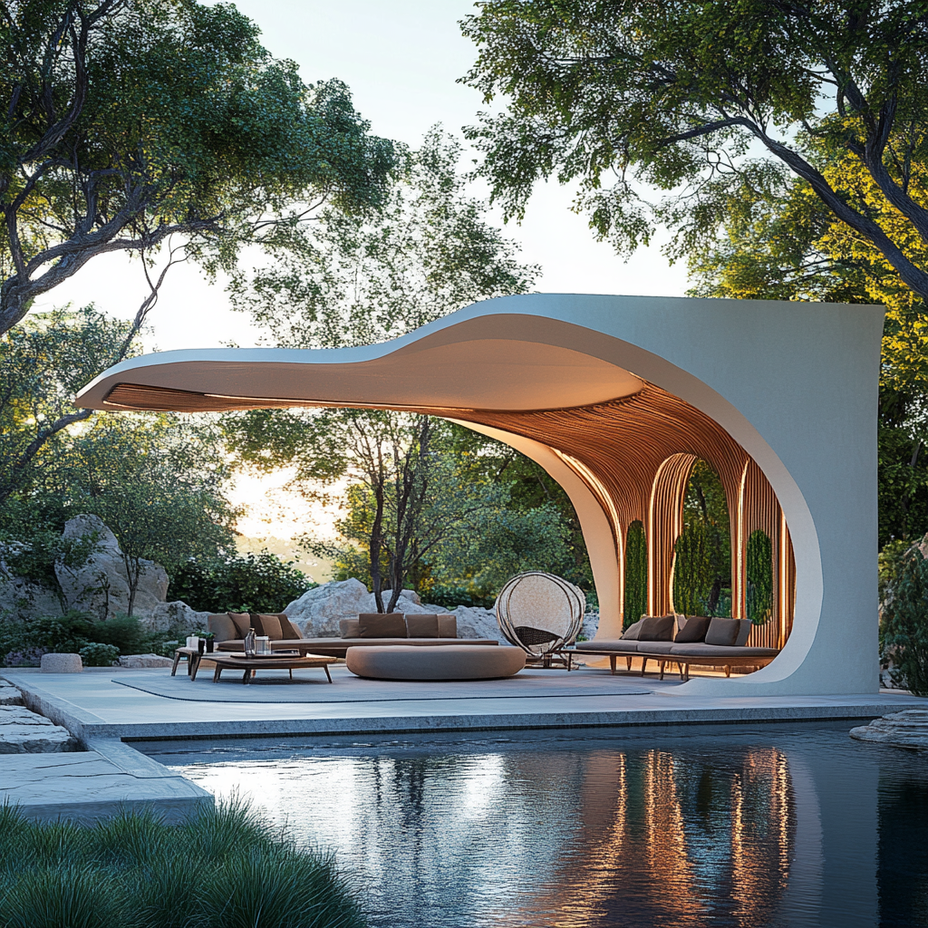 Luxurious outdoor lounge with uniquely-shaped pergola in garden.