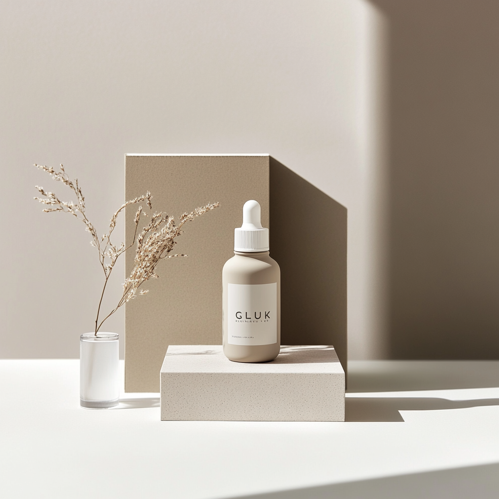 Luxurious packaging design for Gluk alkaline drops.