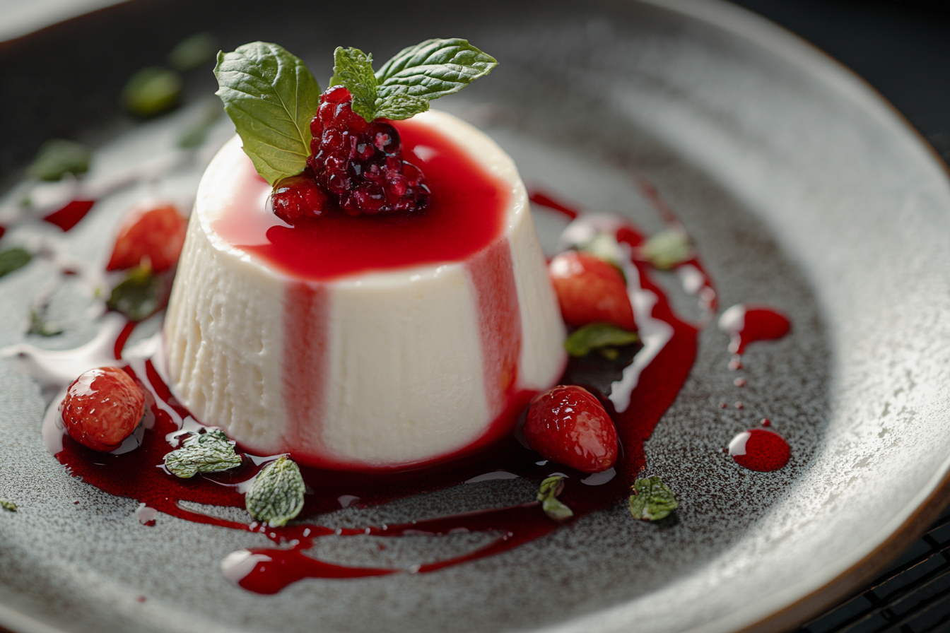 Luxurious panna cotta close-up shot Nikon Z7.