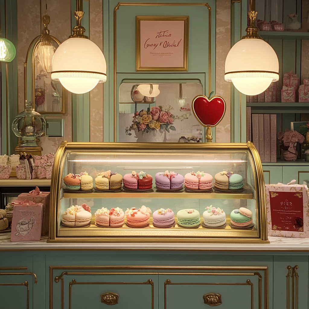 Luxurious petri display of pastel macarons in Ghibli style.