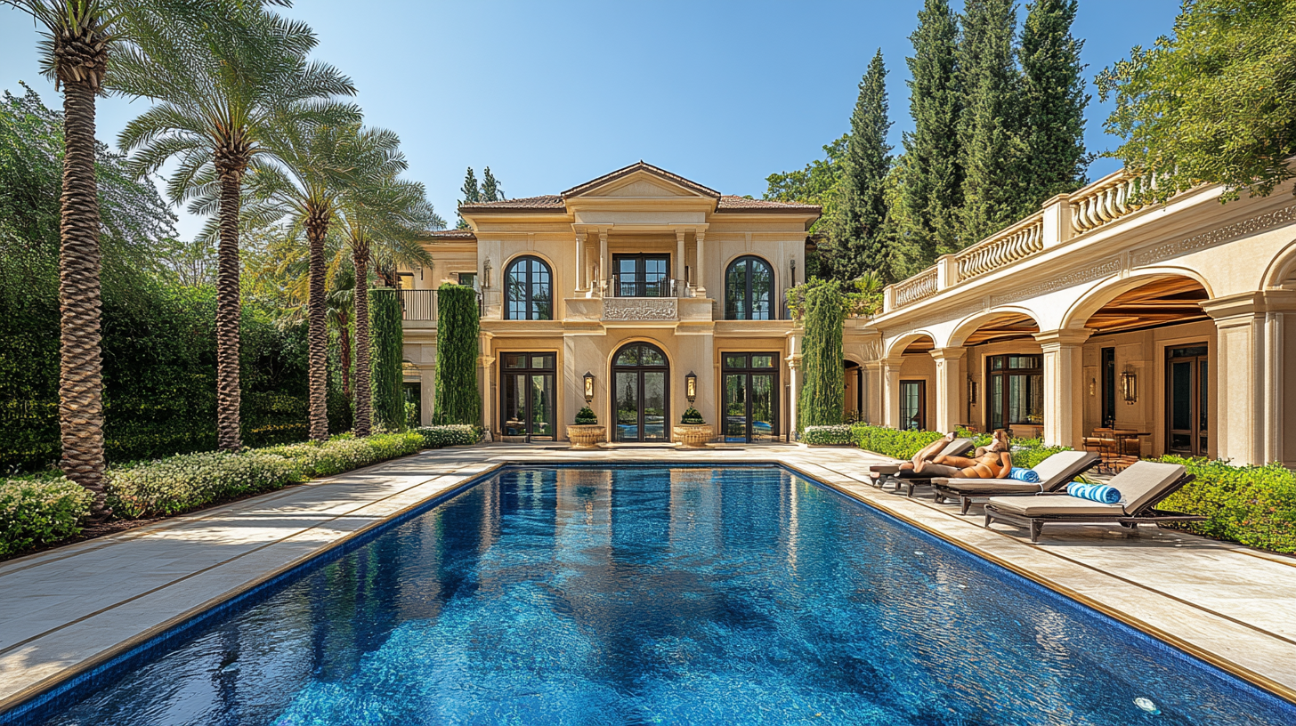 Luxurious pool scene with warm golds and cool blues.