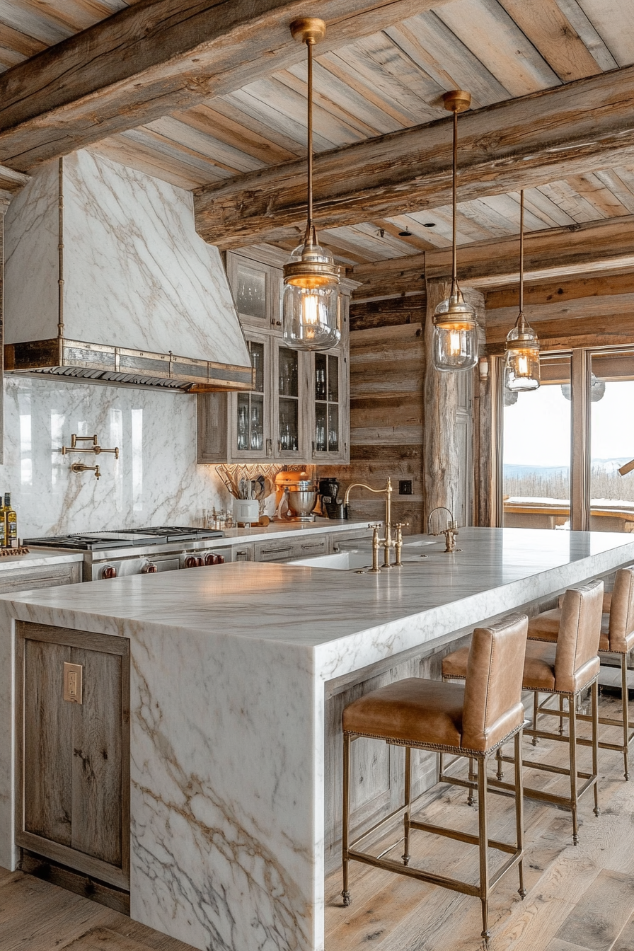 Luxurious small cabin kitchen with marble countertops and designer lighting.