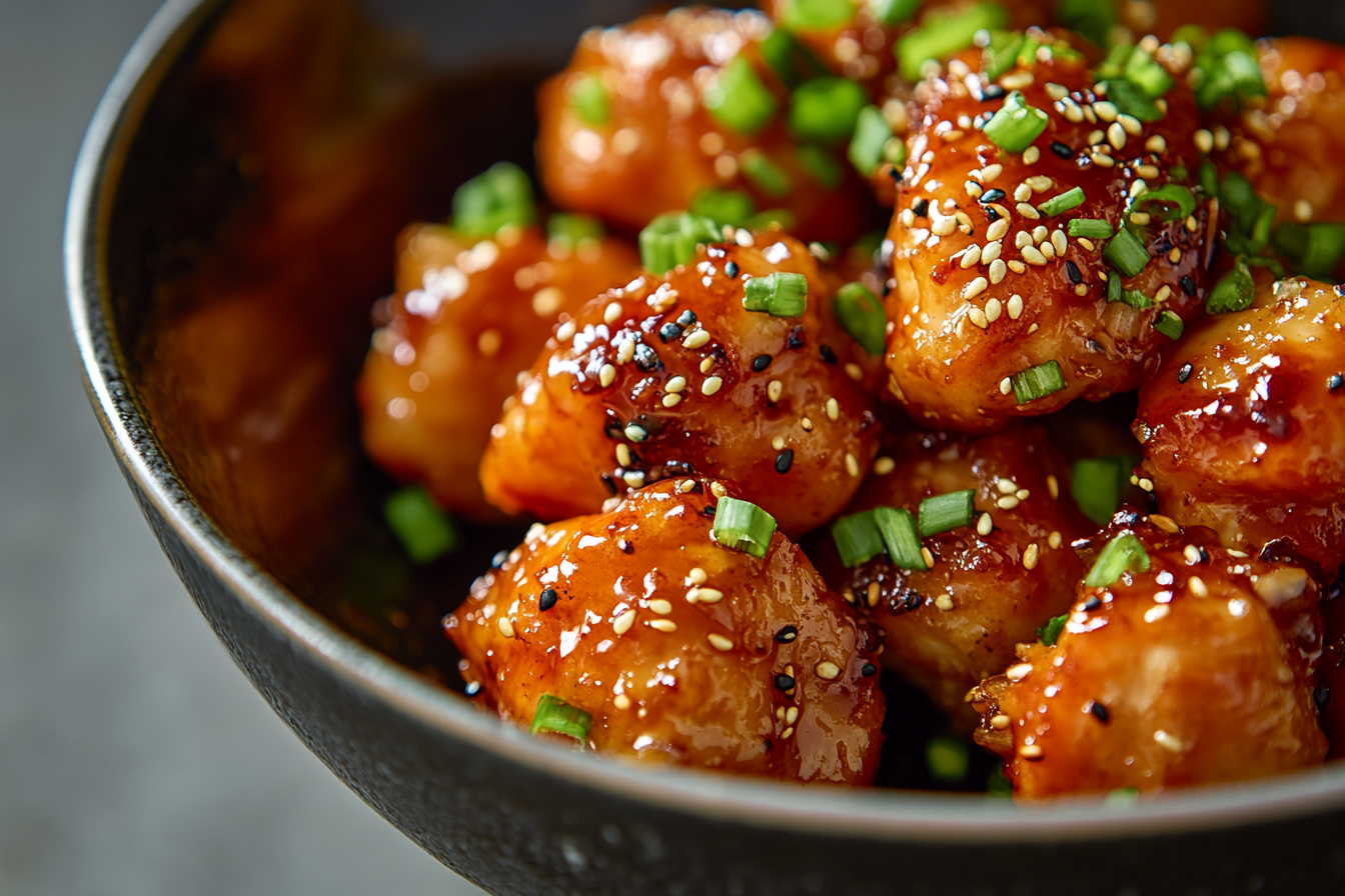 Luxurious top view of tempting honey garlic chicken.