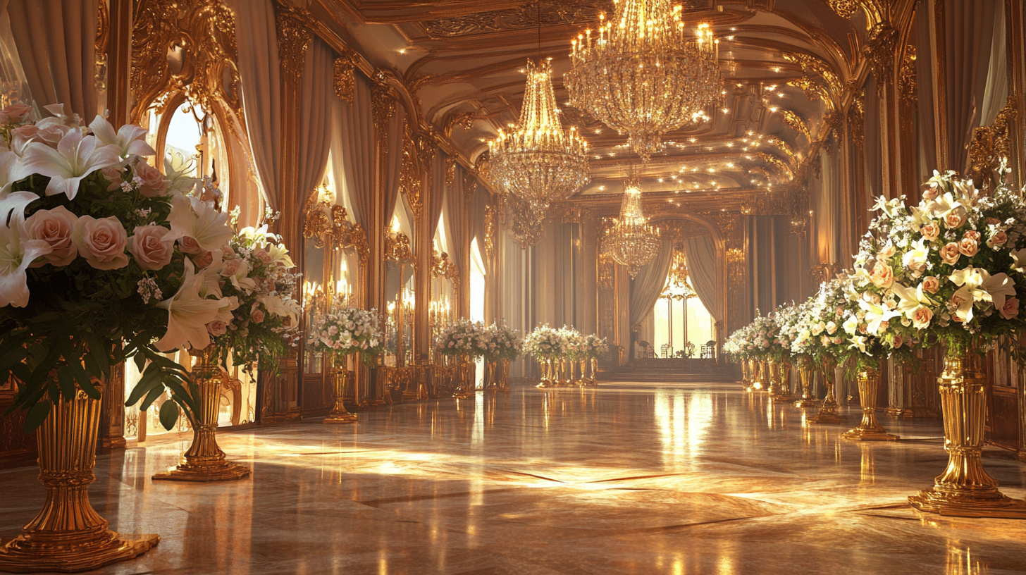 Luxurious wedding ballroom with chandeliers, roses, marble floor