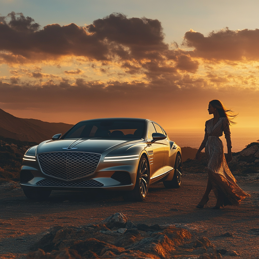 Luxurious woman in designer clothes approaches silver Genesis Gv70.