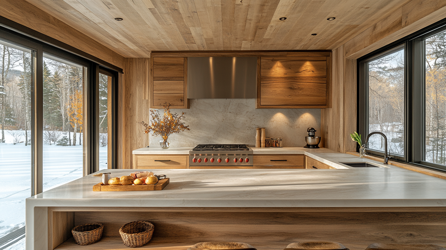 Luxury Aspen home interior, cozy mid century kitchen.