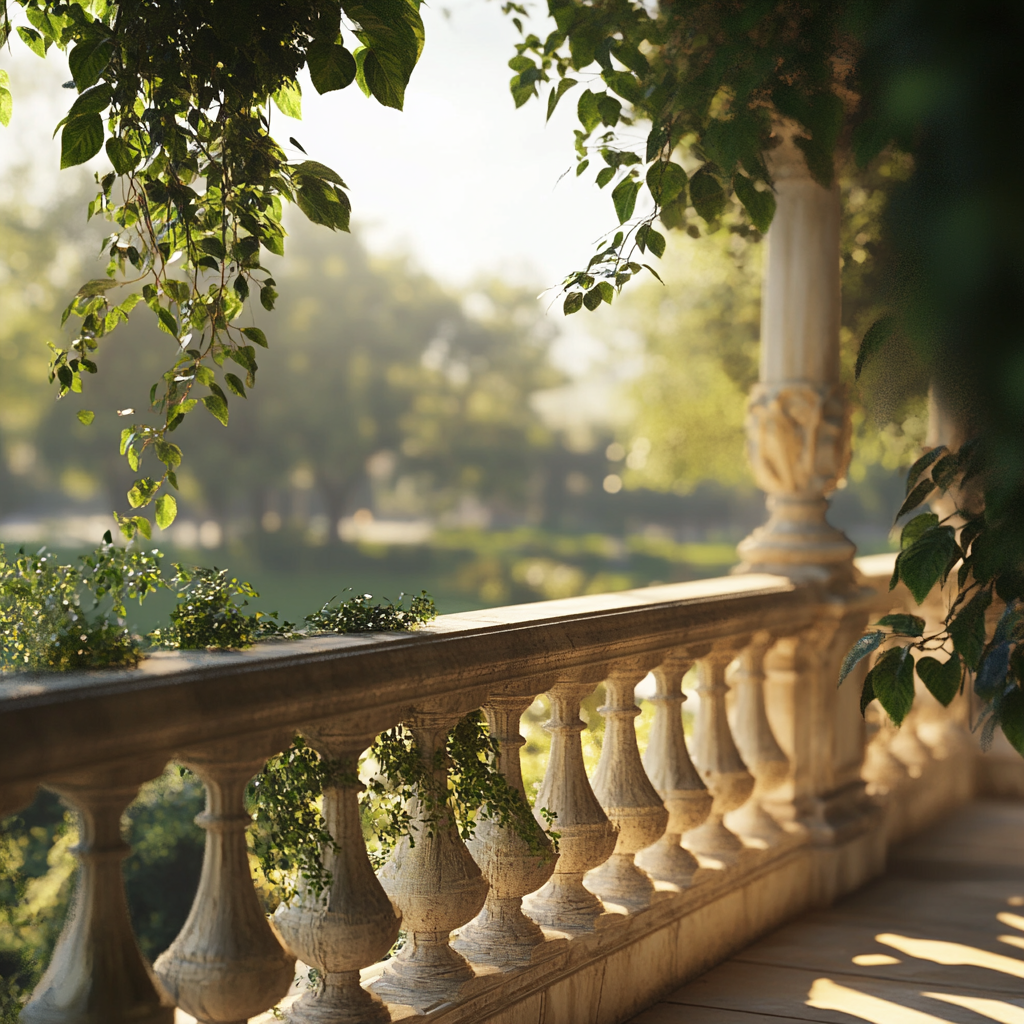 Luxury European Balcony Overlooking Green Park at Morning