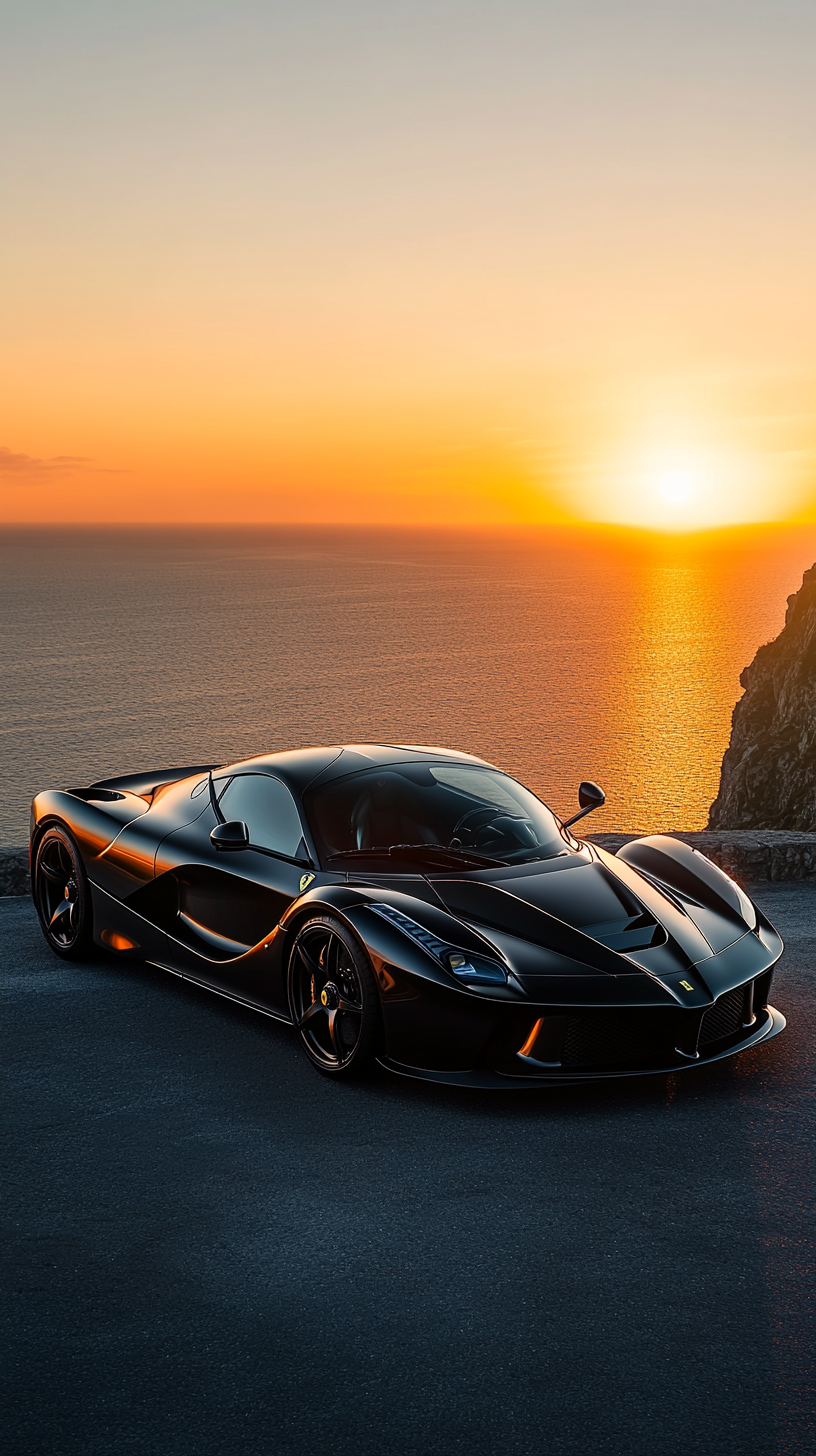 Luxury Ferrari parked on cliff overlooking sea at sunset.