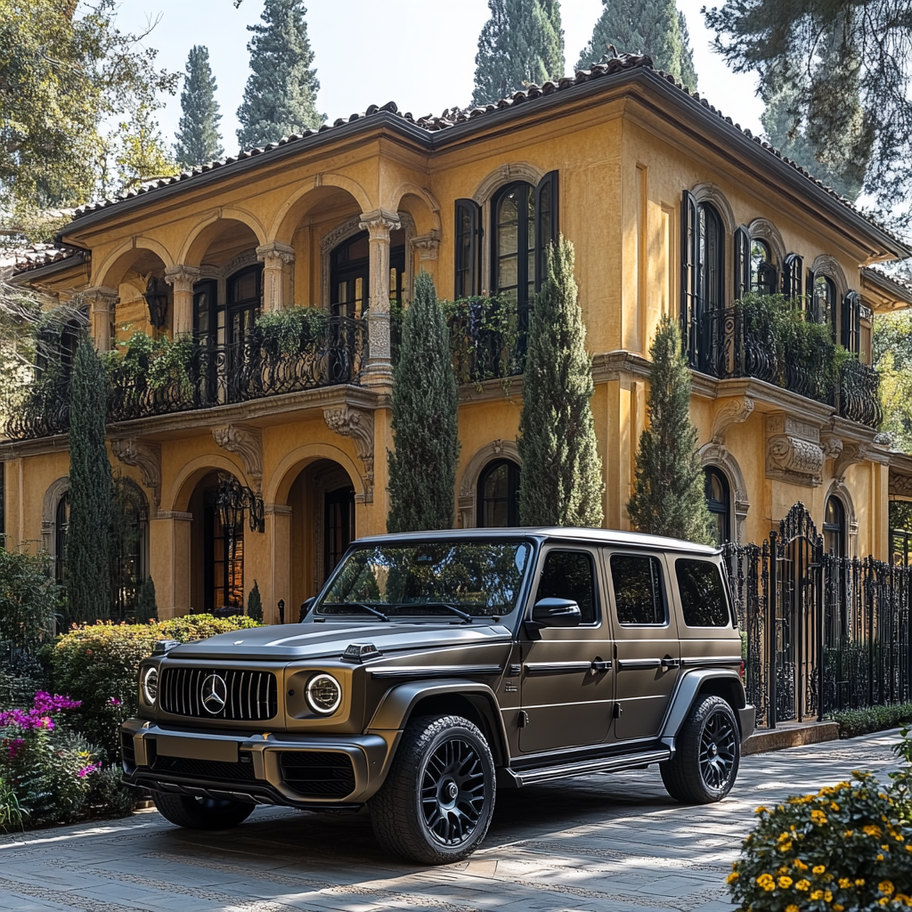 Luxury French mansion with Mercedes in front yard