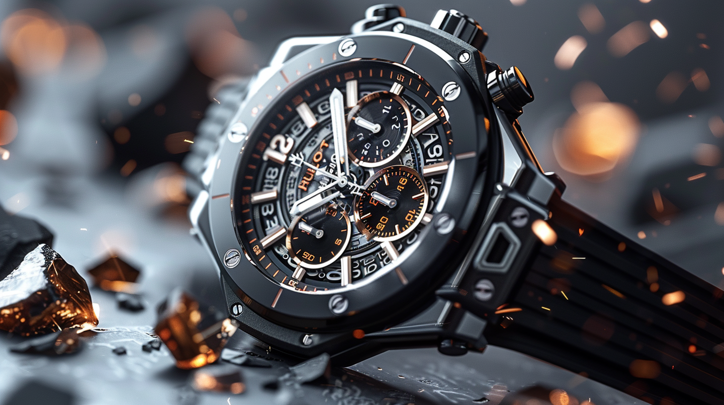 Luxury Hublot-style watch floating with rocks, dramatic lighting.