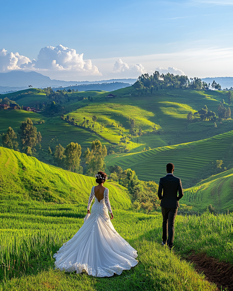 Luxury Rwandan bride and groom walk in hills.