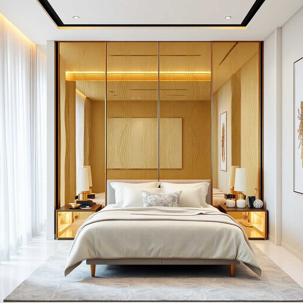 Luxury bedroom with gold mirrored sliding wardrobe.