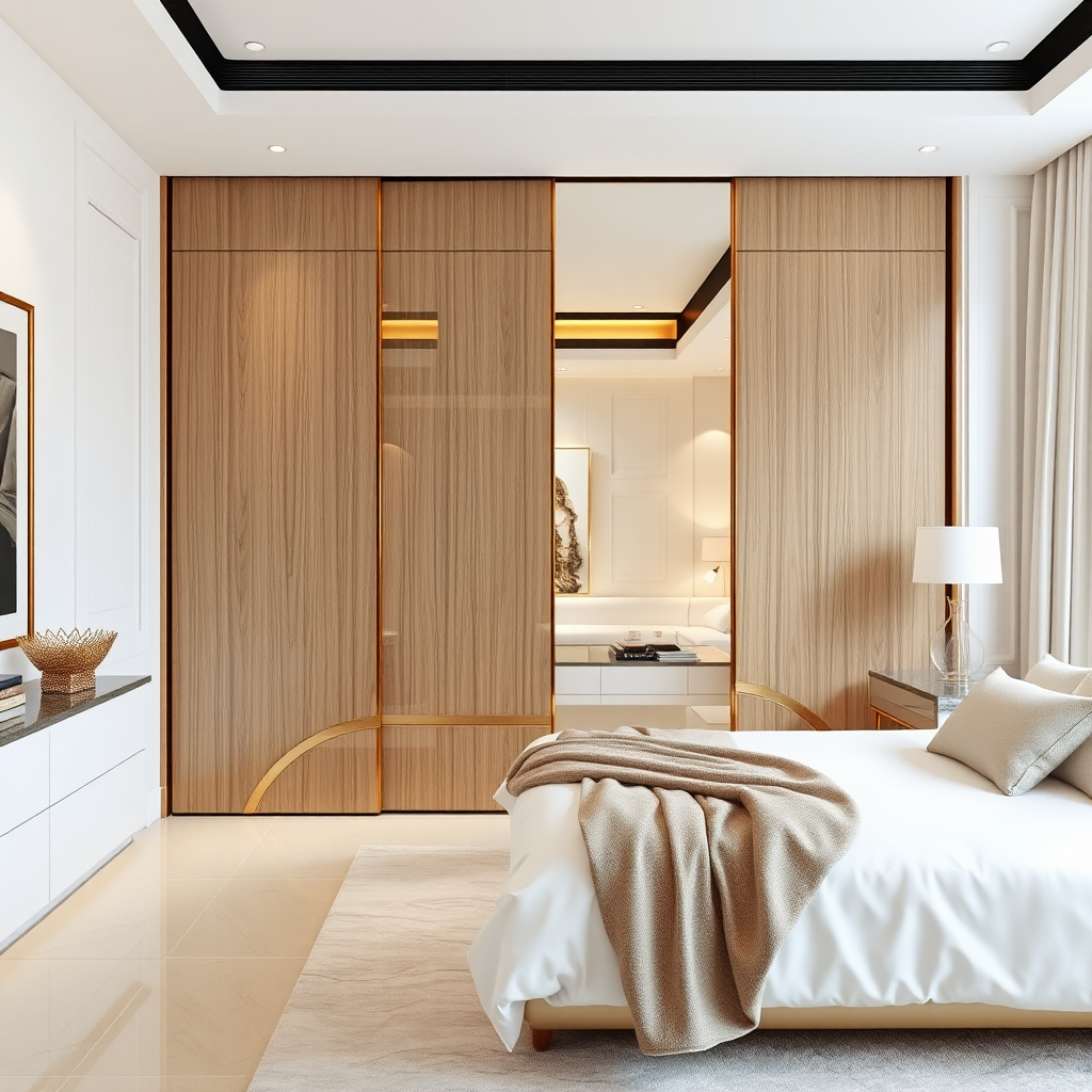 Luxury bedroom with modern wood wardrobe and elegant decor.