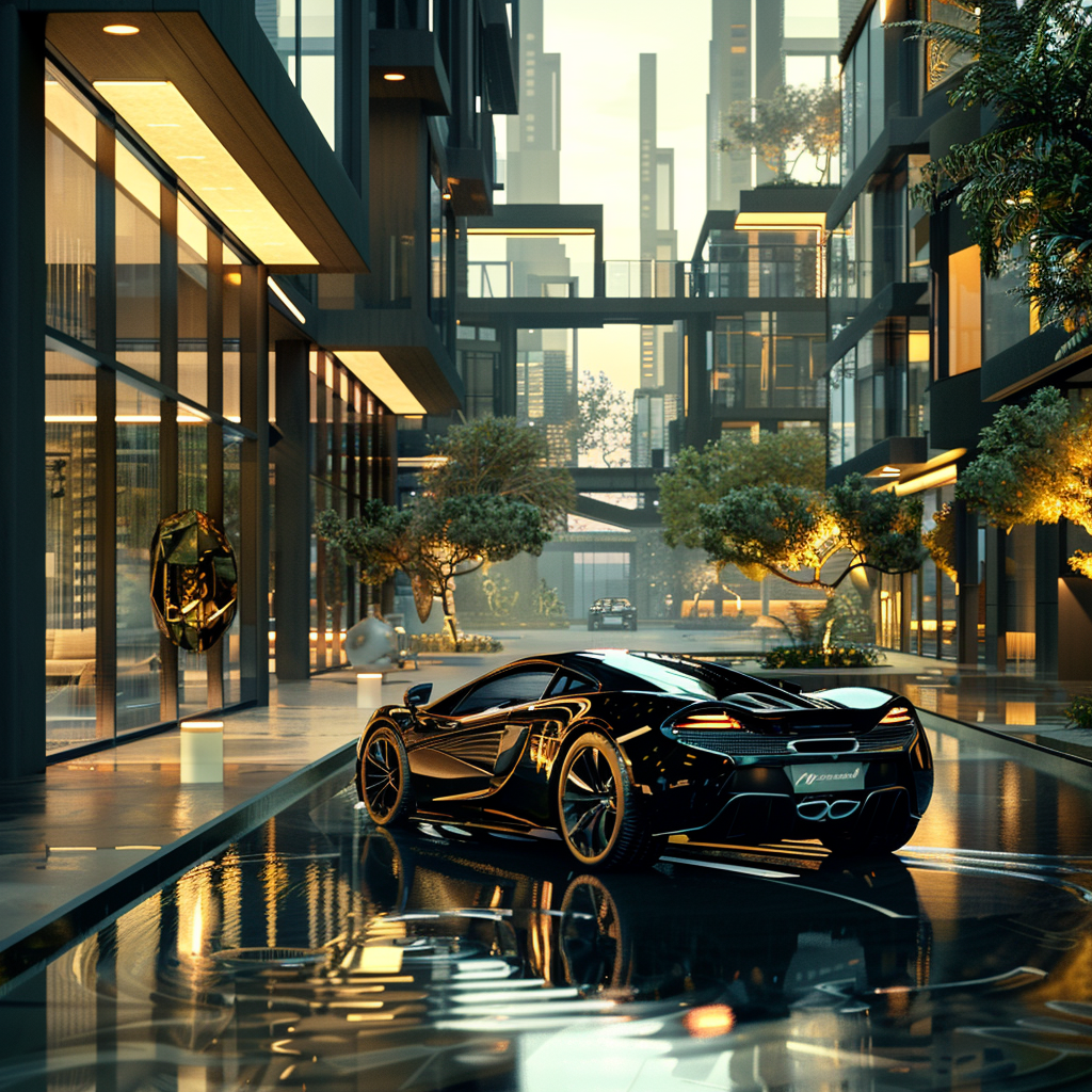 Luxury car drives through modern real estate area.