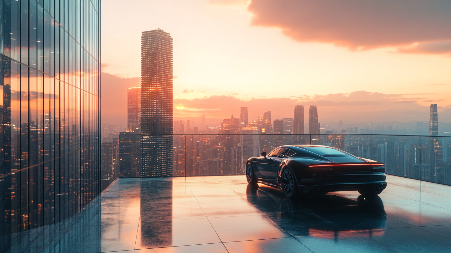 Luxury car on rooftop with city view at sunset.