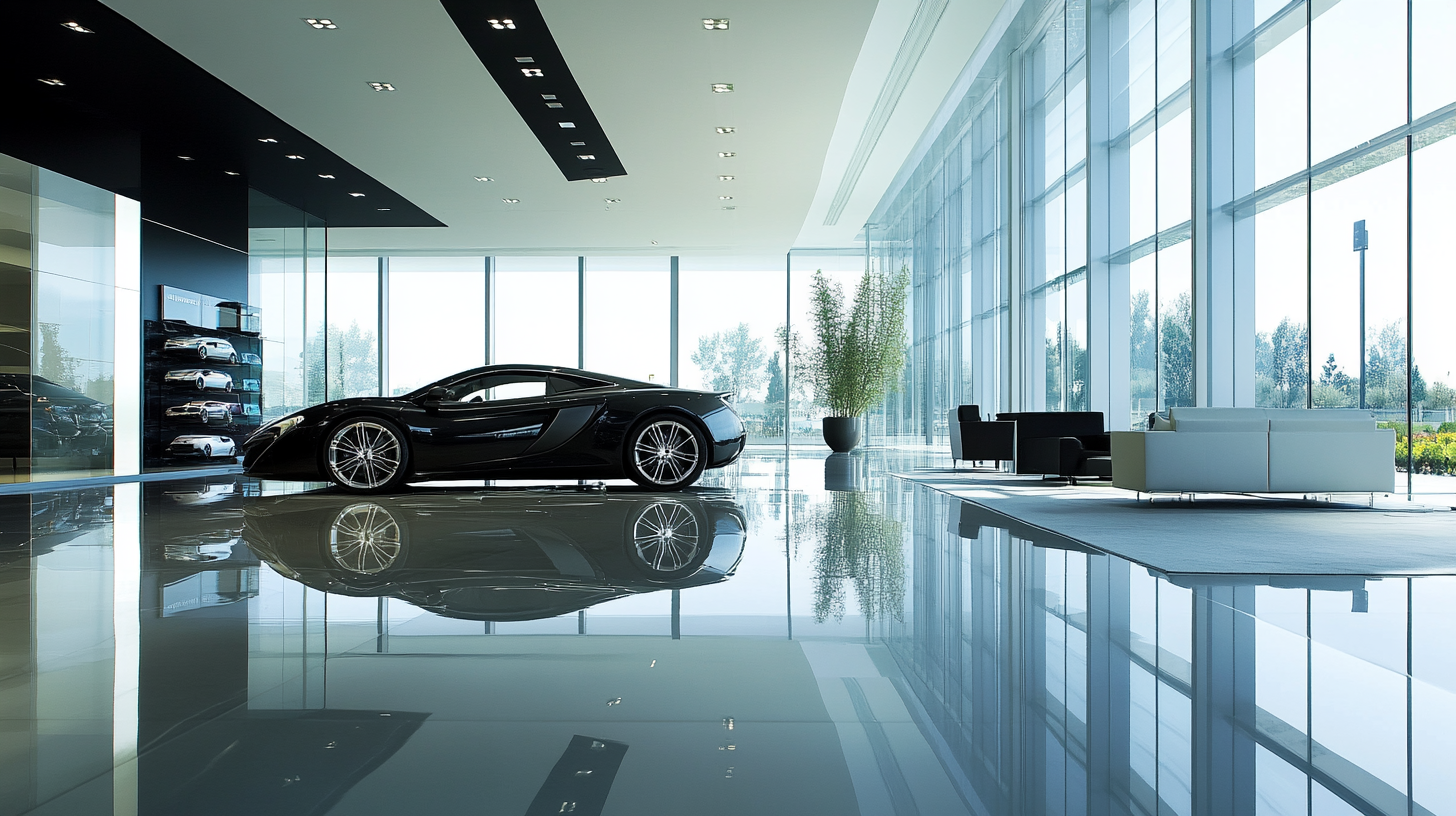 Luxury car showroom with sleek, futuristic design. Bright, open.