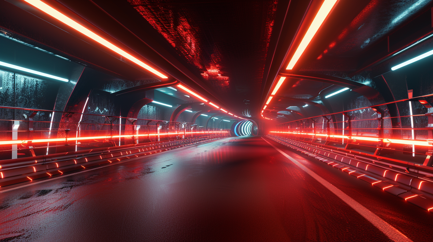 Luxury car track with high-tech lighting and sleek barriers.