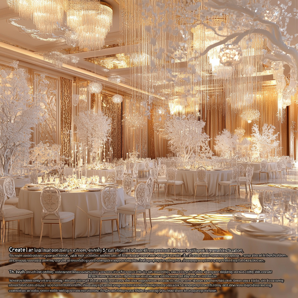 Luxury cream-toned ballroom with lavish furnishings and chandeliers.