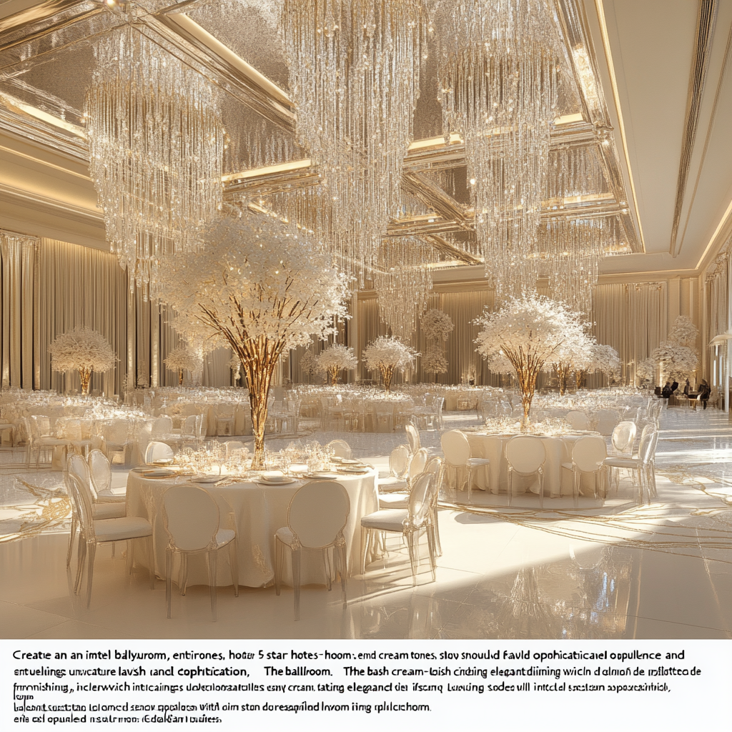 Luxury cream-toned ballroom with opulent furnishings and lighting.