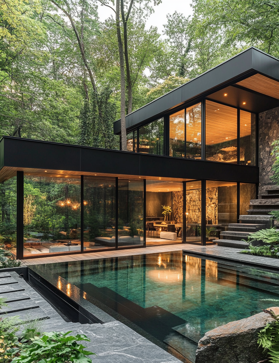 Luxury modern house with glass walls in forest setting.