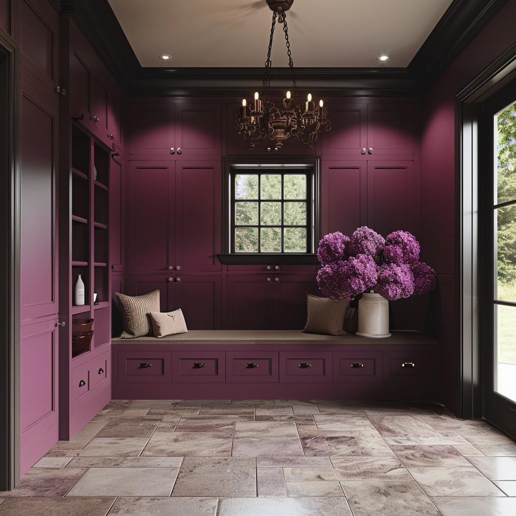 Luxury modern mudroom with black windows and mauve wall.